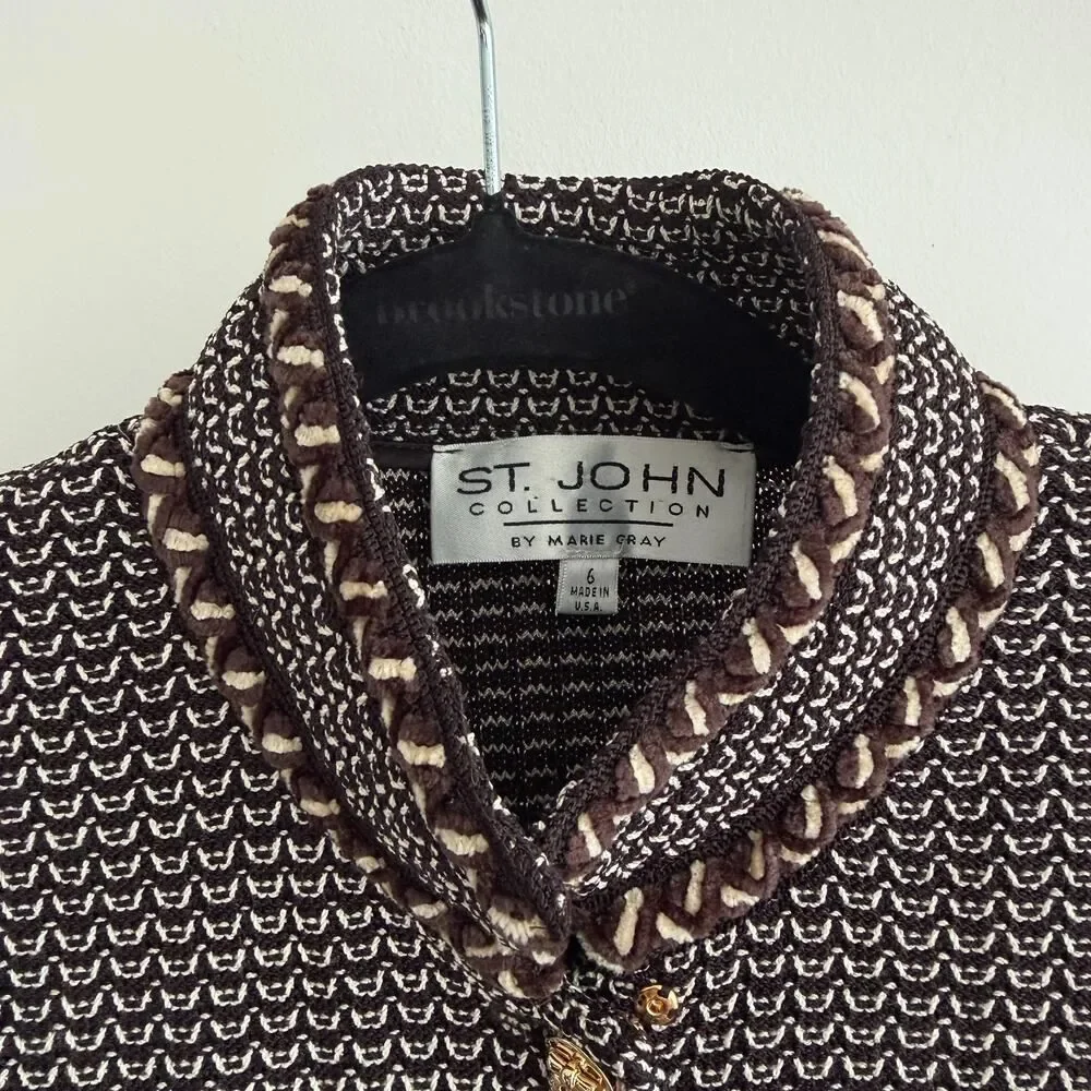 St John Skirt Jacket‎ Suit 4 and 6 Brown Textured Knit Career Elegant Military